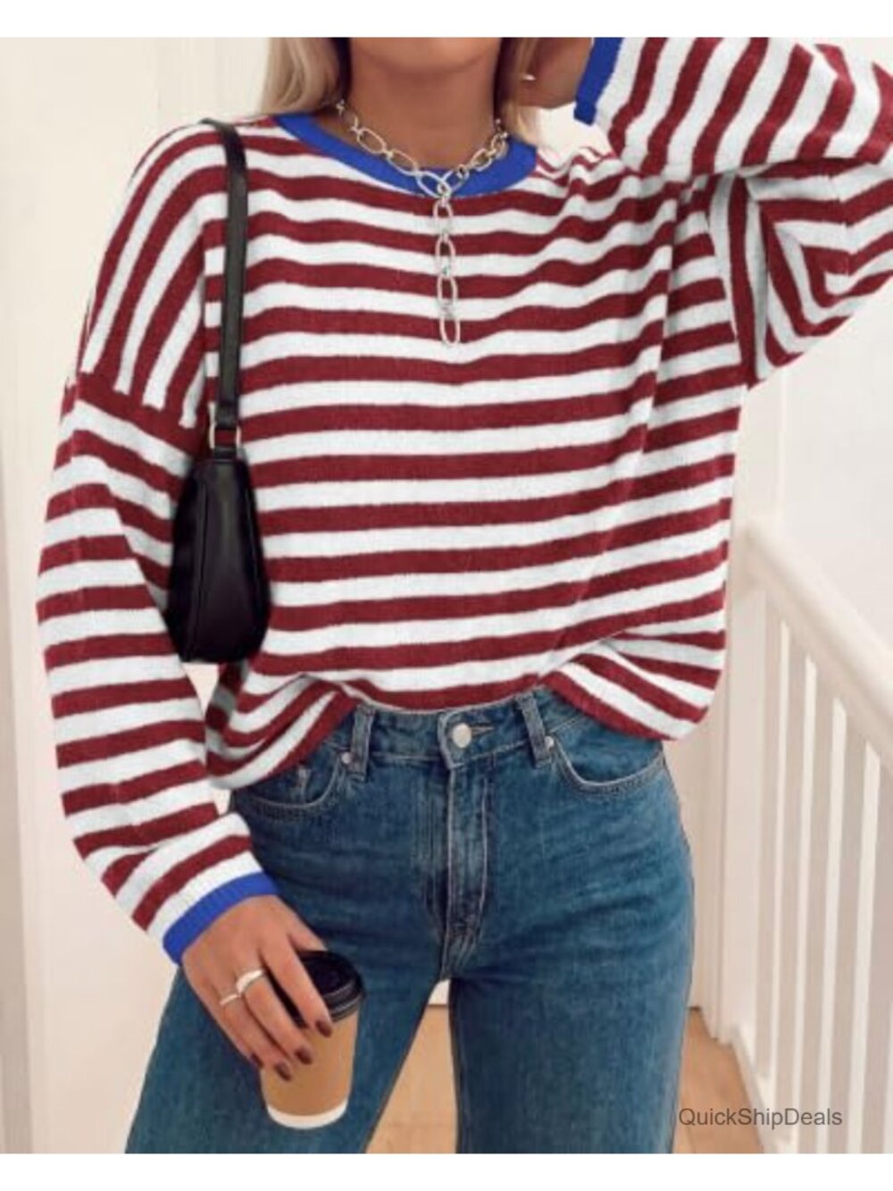 Oversized Striped Crewneck Sweater, Soft Knit, Long Sleeve - Picture 5 of 6